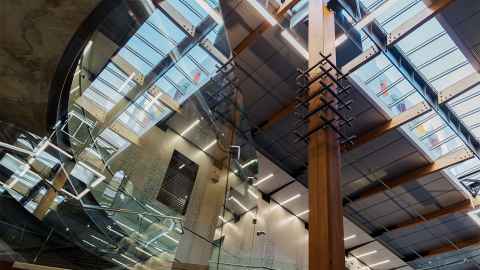 Maureen Lander Pou Iho artwork in the atrium space that joins buildings 401 and 405 Engineering. 