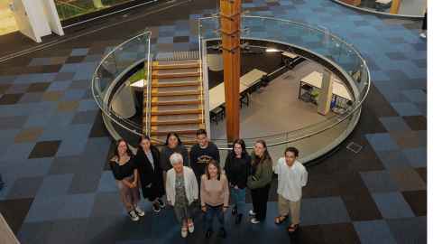 Maureen Lander, students and others involved in the Pou Iho artwork installation, at the dawn blessing in April 2022.