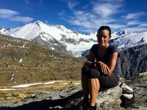 Mel on the Cascade Saddle in New Zealand's Mount Aspiring National Park.