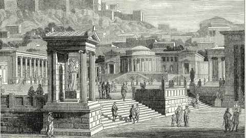A black and white drawing of classical Greek buildings with people in robes standing and walking around in front.
