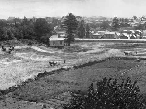 From Shifting Grounds: The Ah Chee gardens being ploughed over in 1921 to make way for the Carlaw Park Rugby Club stadium and grounds (Photograph, 1921, Auckland Libraries Heritage Collections)
