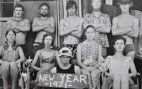 The 1971 field trip to Kawerua. Back from left: Howard Jack, Ken Bennett, Dave Gash, Chris Patterson, Malcolm Patterson. Seated from left: Adriana van Hees, Liz Dickson, Glenys Puch, Jean Ferguson.  Front: Bruce Hayward 