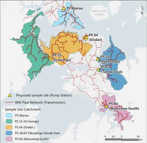 Map showing Proposed strategic sampling sites for wastewater subcatchments in Auckland. 