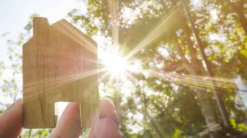 A wooden outline of a house in a forest, with sun coming through the trees.
