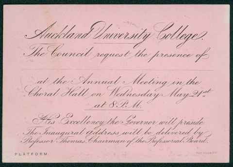 Invitation to the Auckland University College opening, 21 May 1883. 