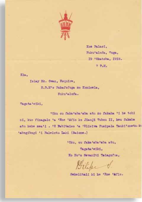 Letter from the Secretary to King Tobou II to The British Consul, Tonga.