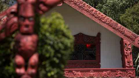 Carvings at the entrance to the wharenui (meeting house) of Waipapa Marae, on the University's City Campus.