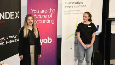 Brittany Fitzpatrick, Business Advisory Accountant at Findex (on left), and Kjirsti Marundan, Chartered Accounting Student Representative at the University of Auckland (on right)