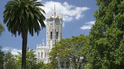 The ClockTower seen from Albert Park, surrounded by trees.