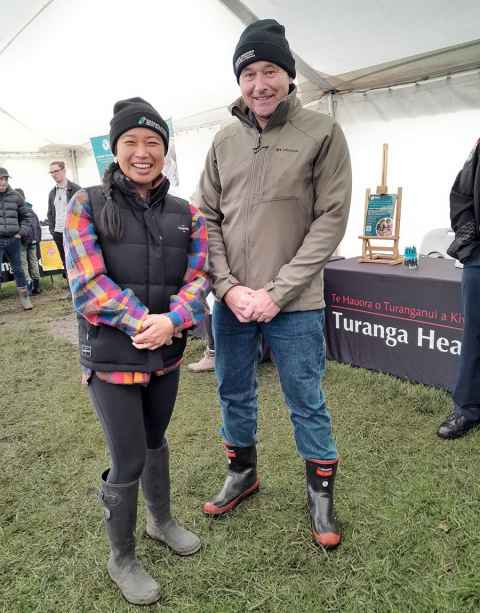Professor Julian Paton in his first pair of gumboots, with Lisa Wong, research operations manager for Manaaki Manawa.
