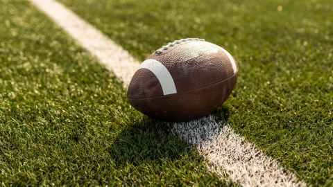 A rugby ball sitting on a white line on a sports field.