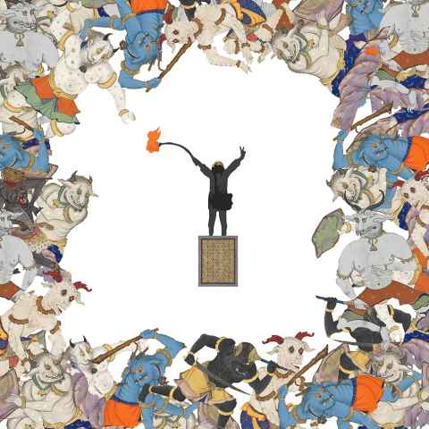 'Monsters' by Iranian artist Touraj Saberivand. Art shows a freedom fighter in the centre, surrounded by monsters.