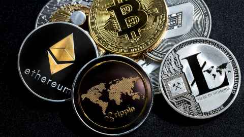 Coins with various logos and names, including Bitcoin and Litecoin.