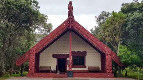 A whare surrounded by trees.
