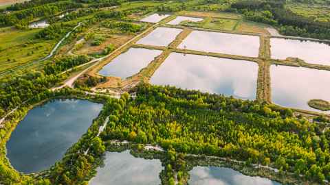 Ponds surrounded by green fields and trees.