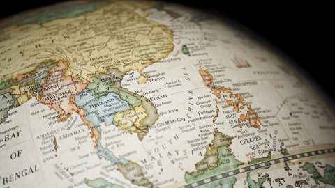 Part of a globe, showing Asia from Indonesia to China and the edge of India.
