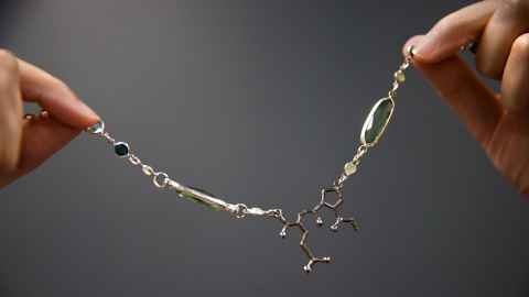 A silver necklace created in the shape of the molecule NNZ-2566, made for a Rett syndrome patient on a Trofinetide clinical trial. 