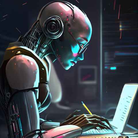 An image of a robot writing an essay also created by Artificial Intelligence to illustrate these opinion pieces