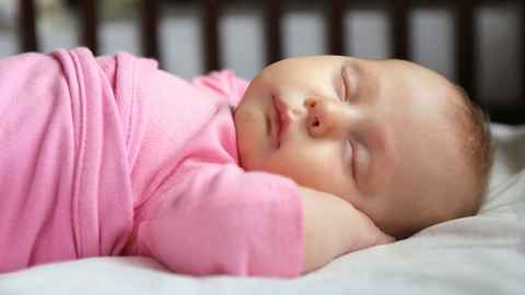 A baby sleeping in a cot.