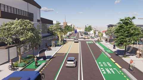 Artist's impression of a section of Great North Rd with bus and cycleways