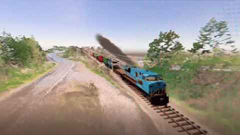 A train moving through countryside.