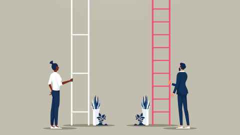 Two people at the bottom of ladders, one with more rungs than the other.