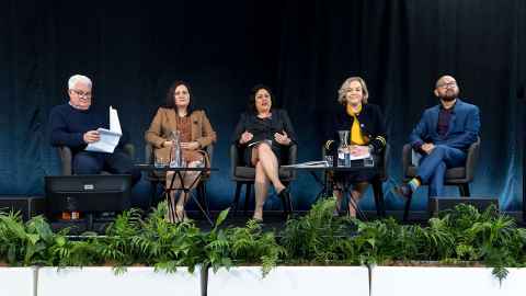 Moderator Will Charles (far left) with Dr Parmeet Parmar, ACT, Hon Dr Ayesha Verrall, Labour, Hon Judith Collins, National and Dr Lawrence Xu-Nan, Greens.