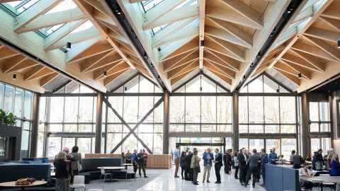 The Atrium features pine beams in an open airy space.