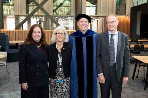 Deans and professors Nuala Gregory (CAI), Robert Greenberg (Arts) and Mark Barrow (Education and Social Work) with Vice-Chancellor Professor Dawn Freshwater. All three faculties with have a presence in the new B201 in 2024. 