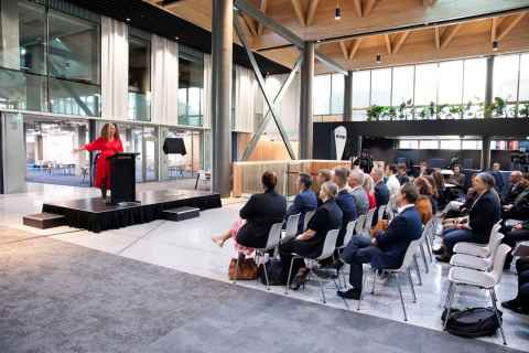 Professor Selina Tusitala Marsh kept the crowd entertained with her special poem to B201.