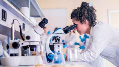 A female scientist looking through a microscope in a laboratory.