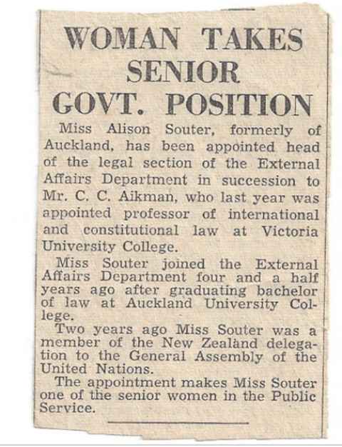 The newspaper clipping about Alison's appointment to the head of the legal division of External Affairs (now MFAT),