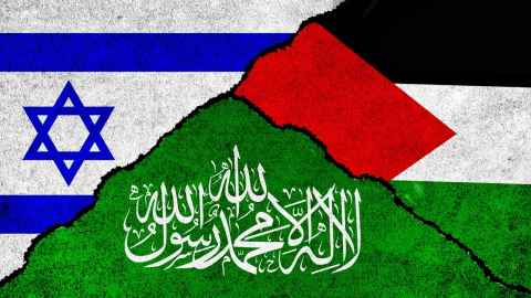 Palestine, Hamas and Israel flag together on a textured background.