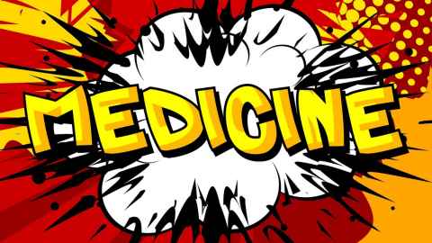 The word 'medicine' on a comic-book-style backdrop.