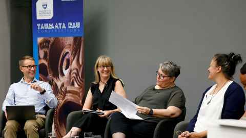 Moderator Professor Sir Ashley Bloomfield with panellists, (from left) Tamzin Brott, Dr Jenny Parr and Associate Professor Matire Harwood.  Credit: Chris Loufte.