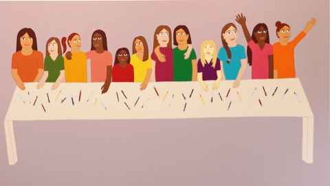 Untitled (2021) by Ayesha Green shows 12 girls at a long table with pens and markers. It's reminiscent of The Last Supper. 