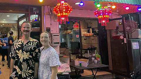 Oriana Brine with husband Elliot McKeown, University of Auckland Law alumnus, at one of their favourite restaurants in the suburb of Tiong Bahru.