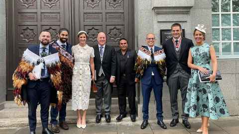 Some of the Kiwi guests at the coronation: Ben Appleton, alumnus Rhieve Grey, Rebecca Scown, Chris Luxon, Abdul Aziz, alumnus Craig Fenton, Richie McCaw and alumna Sarah Smart.