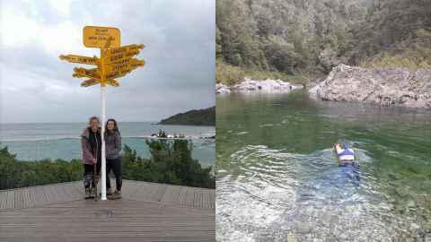 Phillipa and her daughter Maia at the end of a 6-month hikoi of Te Araroa and person diving into Pelorus River at the top of the South Island, Te Araroa