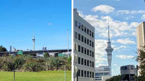 The Auckland SkyTower looking tall from Westhaven and short from Symonds Street in the city.