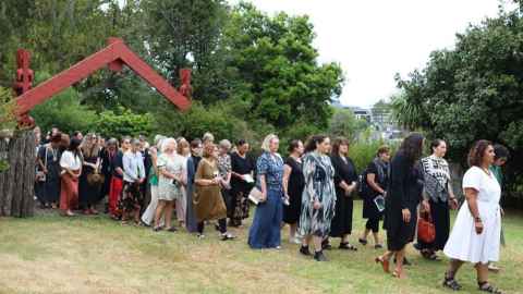 Staff and students of the Faculty of Education and Social Work being formally welcomed at the pōwhiri  at Waipapa Marae on Friday 9 February.
