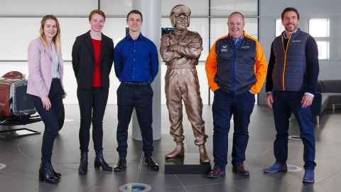 From left: Lizzie Grant, Sabrina Yarndley, Joshua Yates and the McLaren Technology Centre’s Jim Marsh and Piers Scott
