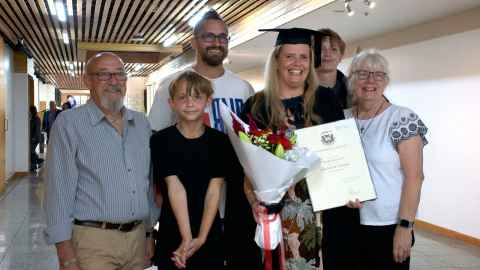 Master of Nursing graduate Merophy Brown with, L-R, Murray Clayton (Dad), son Maru, 12, husband Maru, son Riley, 15, and mum Sal Clayton.