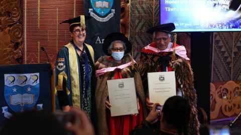 University of Auckland Chancellor Cecilia Tarrant, and "dream team" husband-and-wife Kaa and Tāwhiri Williams who received an honorary doctorate of literature