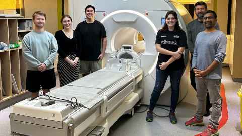 Research team at the Mātai scanner in Tairāwhiti:(L-R) Jet Wright (Mātai), Taylor Emsden (Mātai), Sergio Dempsey (ABI), lead author, Chiara Colombo (visiting student, University of Trento, Italy), Paul Condron (Mātai), and Haribalan Kumar (Mātai/ABI/GE Healthcare).