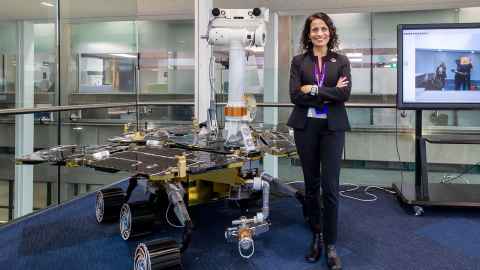 Vandi Verma with the replica of the Opportunity rover.