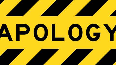 Road sign with the word APOLOGY across it. 