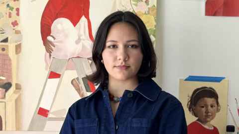 Elam student Audrey Goggin is pictured with a selection of her artworks. 