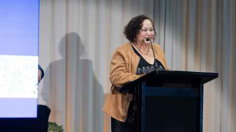 Abigail McClutchie from the ReoSpace team. ReoSpace won an award for their commitment to te reo Māori and te reo rangatira.