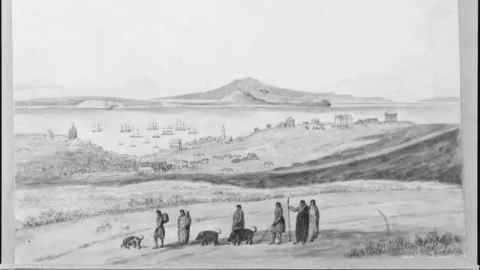 Māori traders taking pigs to Auckland, drawing by Albert Barracks 1849. Image: Auckland Libraries Heritage Collections.